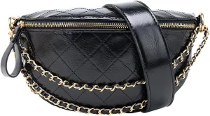 Leather Fanny Pack for Women Crossbody, Dressy Belt Bag with Gold Chain - Black Luxury Waist Purse, Adjustable Strap