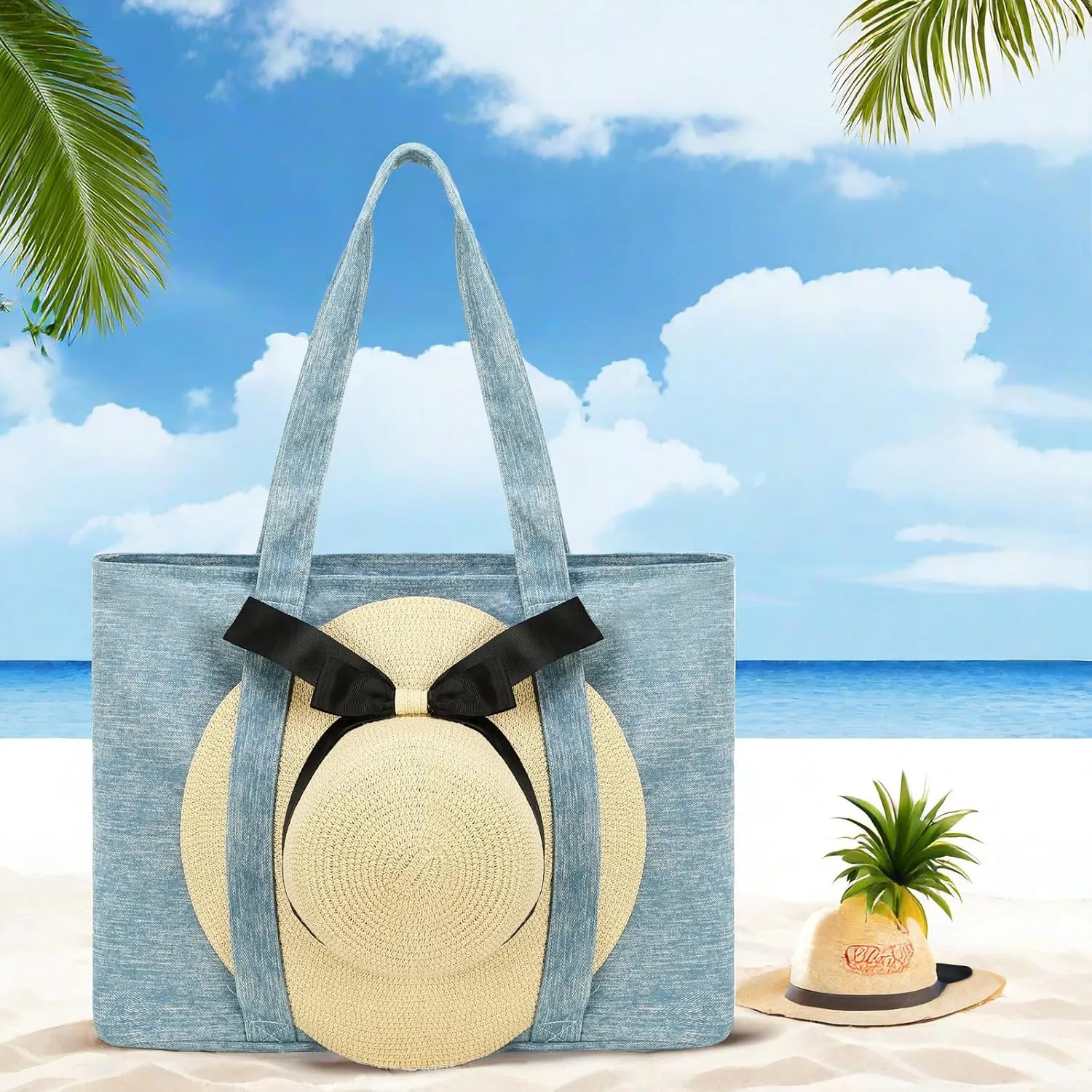 LEDAOU Beach Bags for Women, Beach Bags Waterproof Sandproof, Packable Beach Tote Bag with Zipper Travel Sports