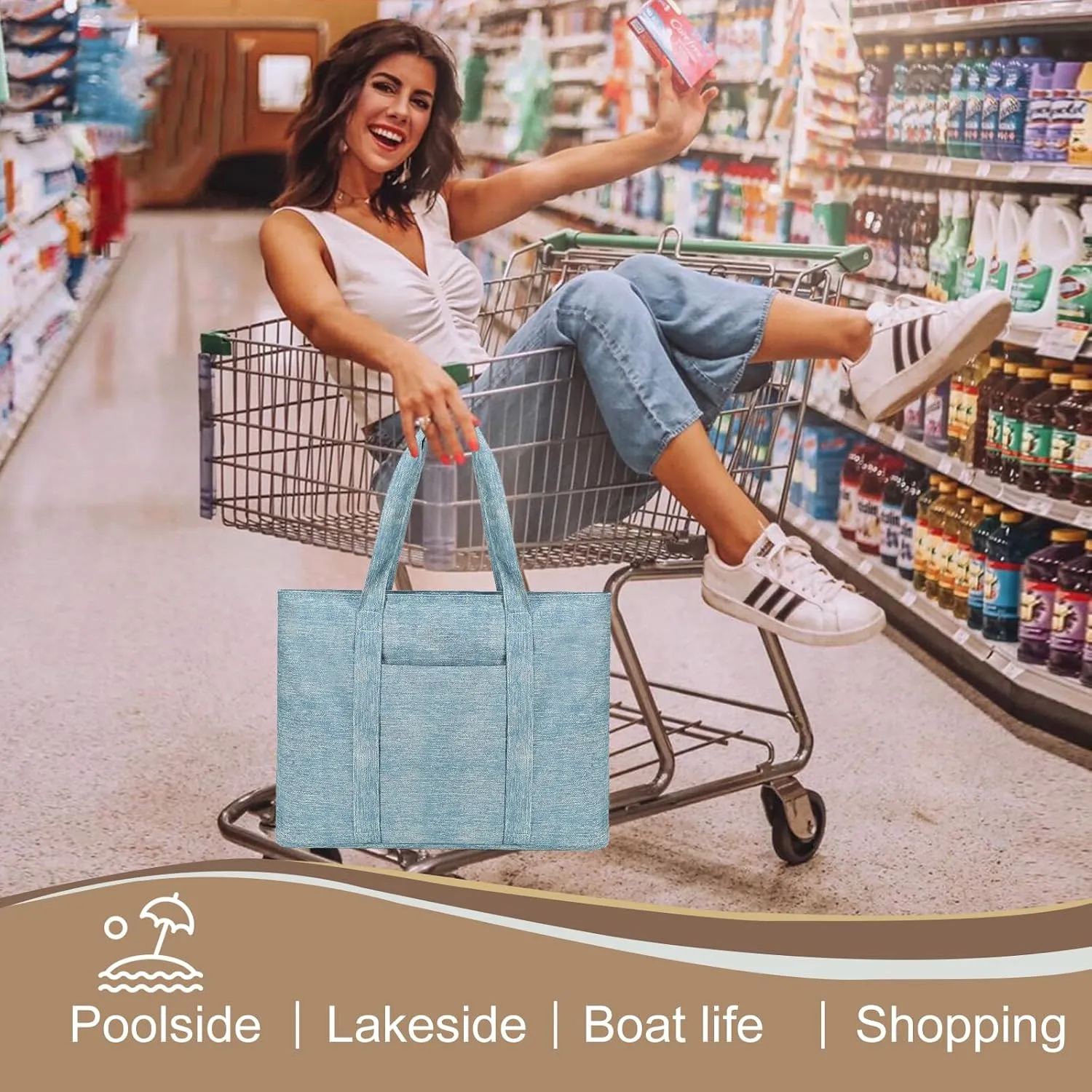 LEDAOU Beach Bags for Women, Beach Bags Waterproof Sandproof, Packable Beach Tote Bag with Zipper Travel Sports