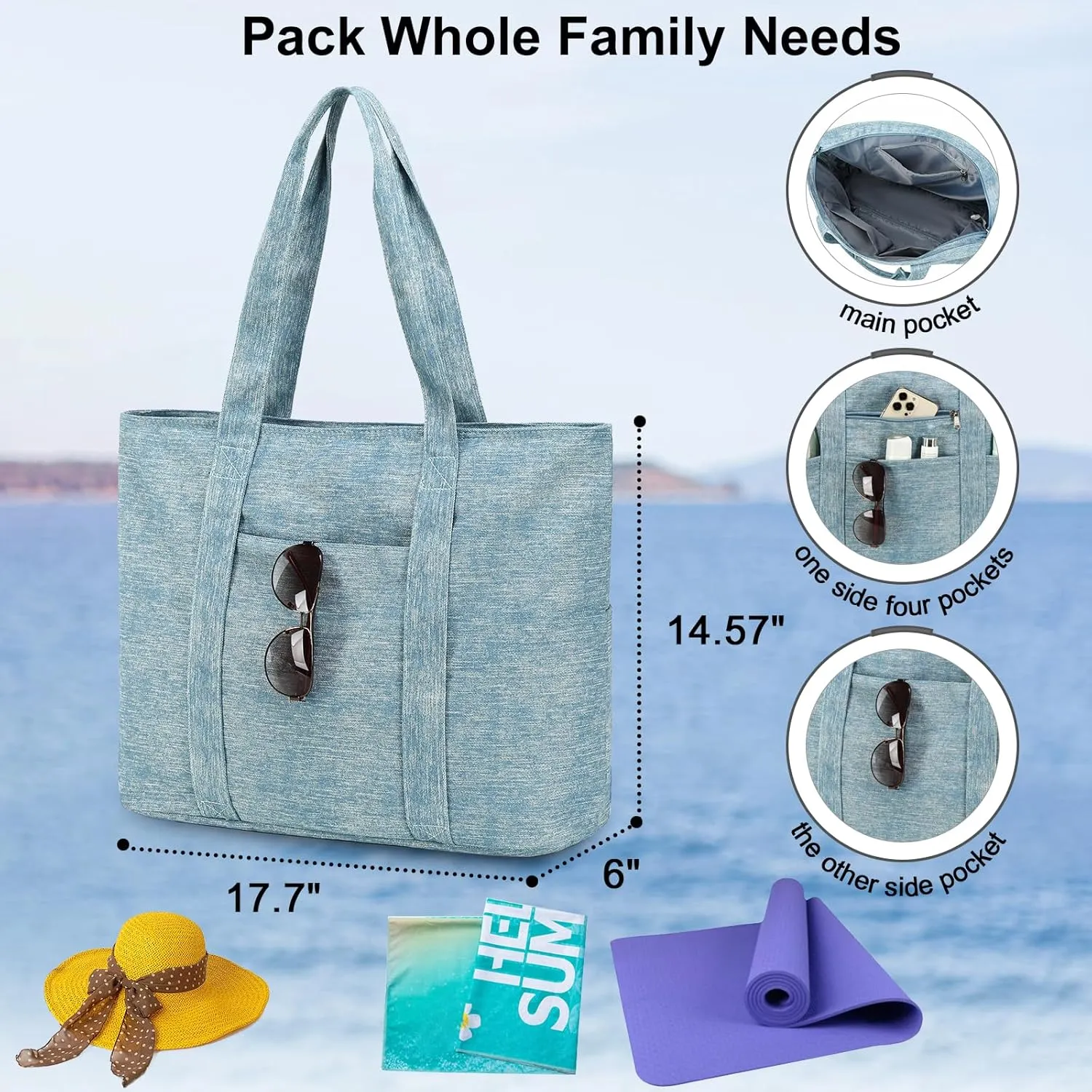 LEDAOU Beach Bags for Women, Beach Bags Waterproof Sandproof, Packable Beach Tote Bag with Zipper Travel Sports