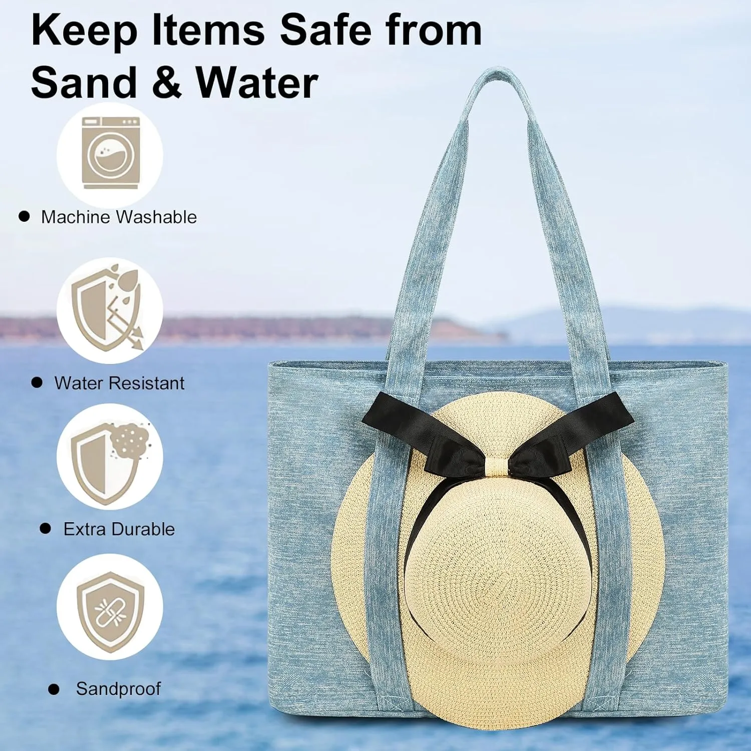 LEDAOU Beach Bags for Women, Beach Bags Waterproof Sandproof, Packable Beach Tote Bag with Zipper Travel Sports