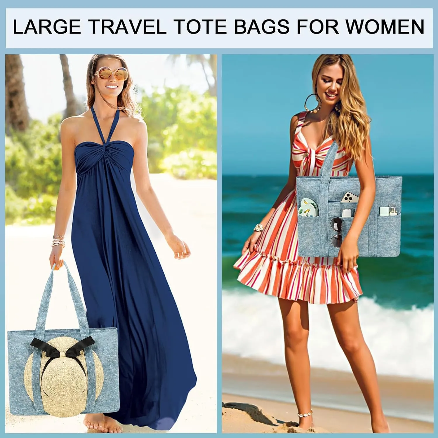 LEDAOU Beach Bags for Women, Beach Bags Waterproof Sandproof, Packable Beach Tote Bag with Zipper Travel Sports
