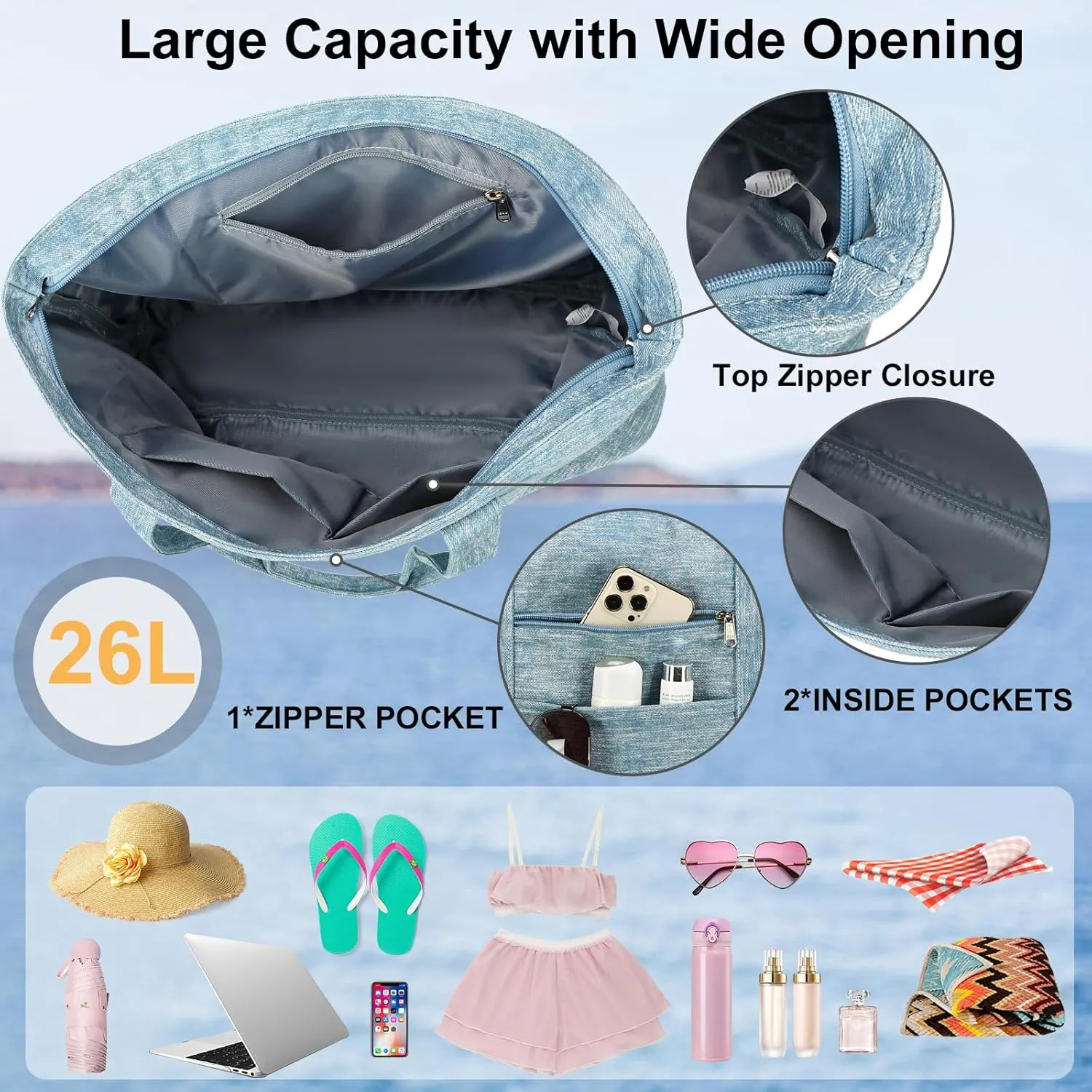 LEDAOU Beach Bags for Women, Beach Bags Waterproof Sandproof, Packable Beach Tote Bag with Zipper Travel Sports