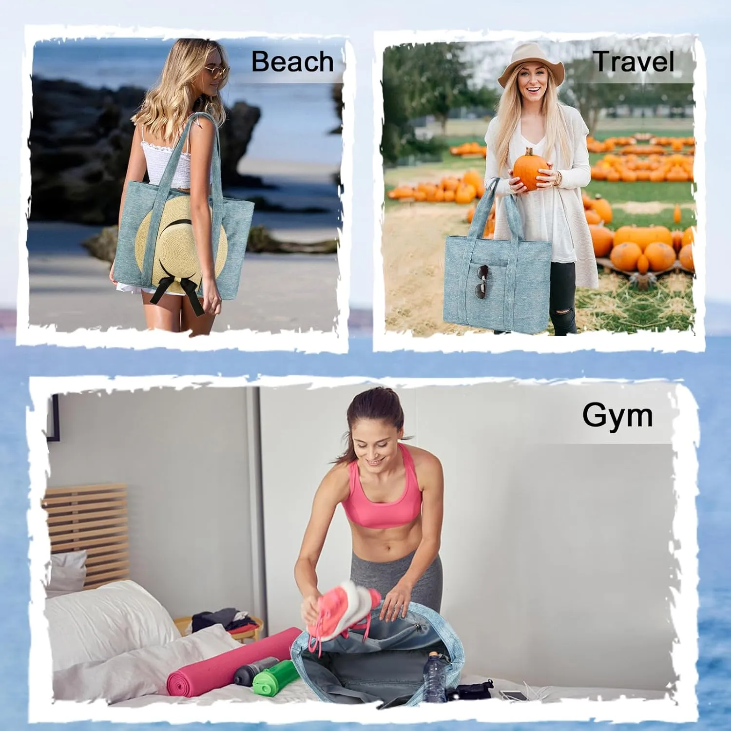 LEDAOU Beach Bags for Women, Beach Bags Waterproof Sandproof, Packable Beach Tote Bag with Zipper Travel Sports