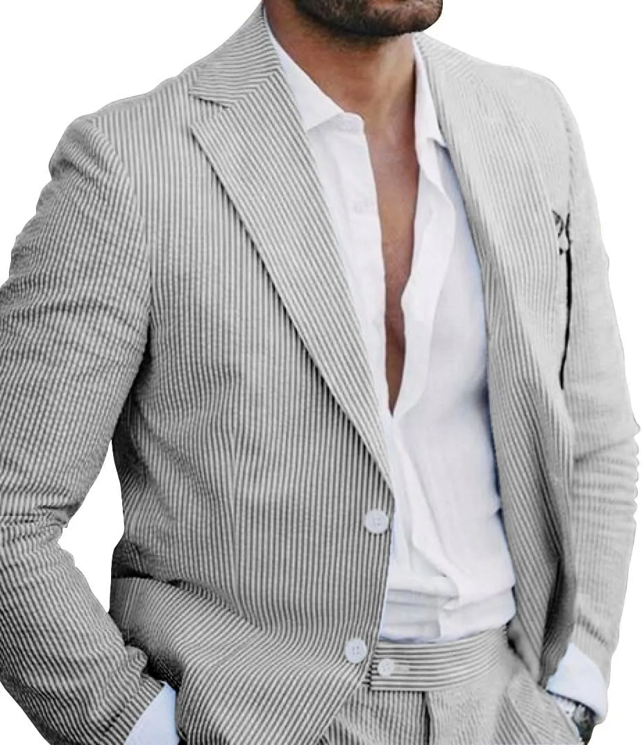 Leisure Mens Striped Seersucker Slim Fit Suit Grooms Lightweight Sear Sucker Suit for Wedding