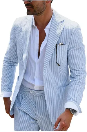 Leisure Mens Striped Seersucker Slim Fit Suit Grooms Lightweight Sear Sucker Suit for Wedding