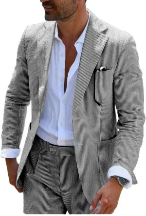 Leisure Mens Striped Seersucker Slim Fit Suit Grooms Lightweight Sear Sucker Suit for Wedding