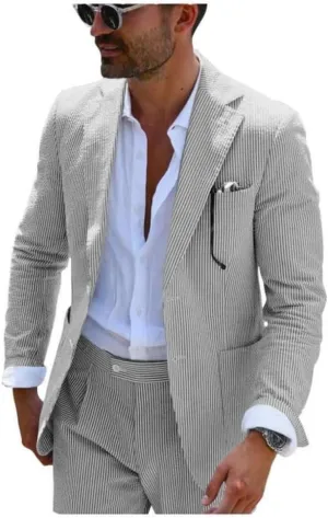 Leisure Mens Striped Seersucker Slim Fit Suit Grooms Lightweight Sear Sucker Suit for Wedding