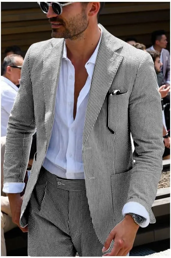 Leisure Mens Striped Seersucker Slim Fit Suit Grooms Lightweight Sear Sucker Suit for Wedding