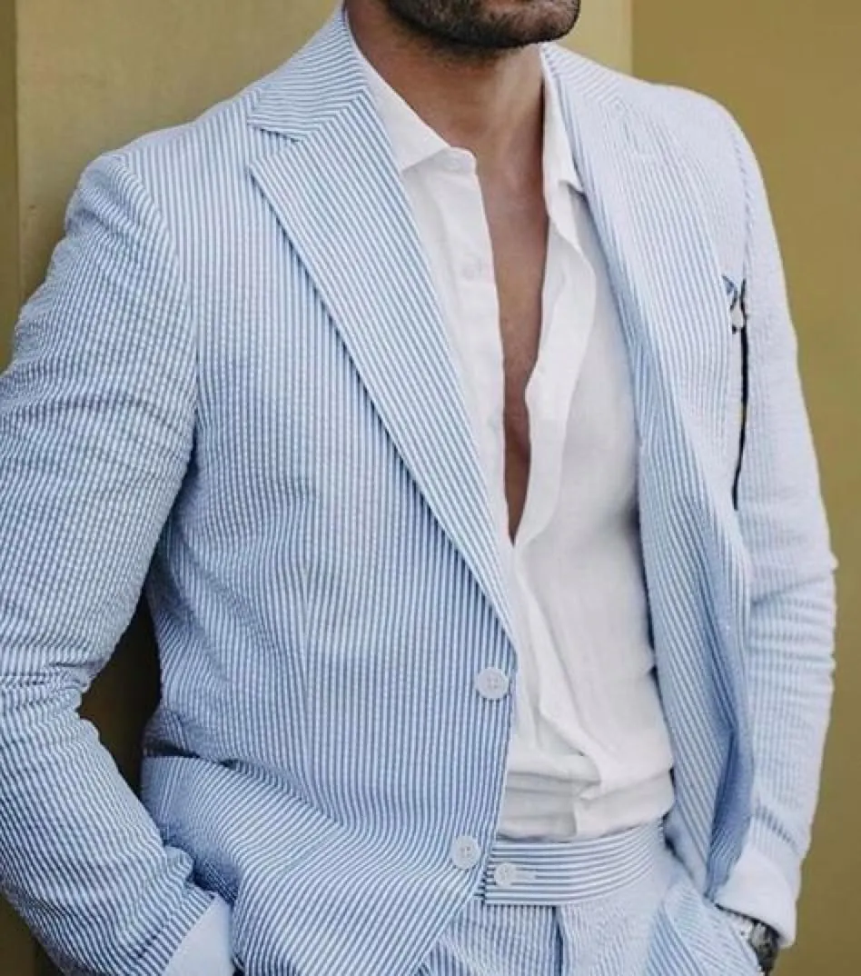 Leisure Mens Striped Seersucker Slim Fit Suit Grooms Lightweight Sear Sucker Suit for Wedding