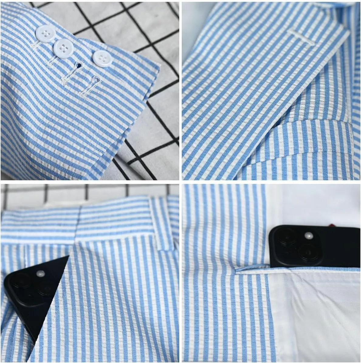 Leisure Mens Striped Seersucker Slim Fit Suit Grooms Lightweight Sear Sucker Suit for Wedding