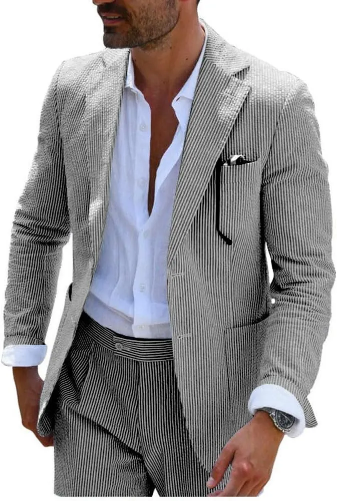 Leisure Mens Striped Seersucker Slim Fit Suit Grooms Lightweight Sear Sucker Suit for Wedding