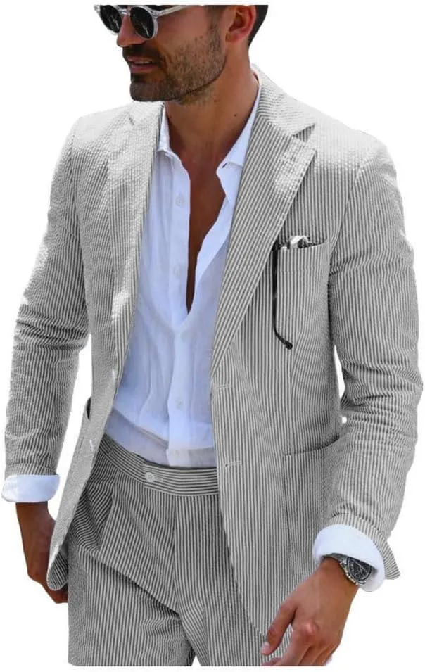 Leisure Mens Striped Seersucker Slim Fit Suit Grooms Lightweight Sear Sucker Suit for Wedding