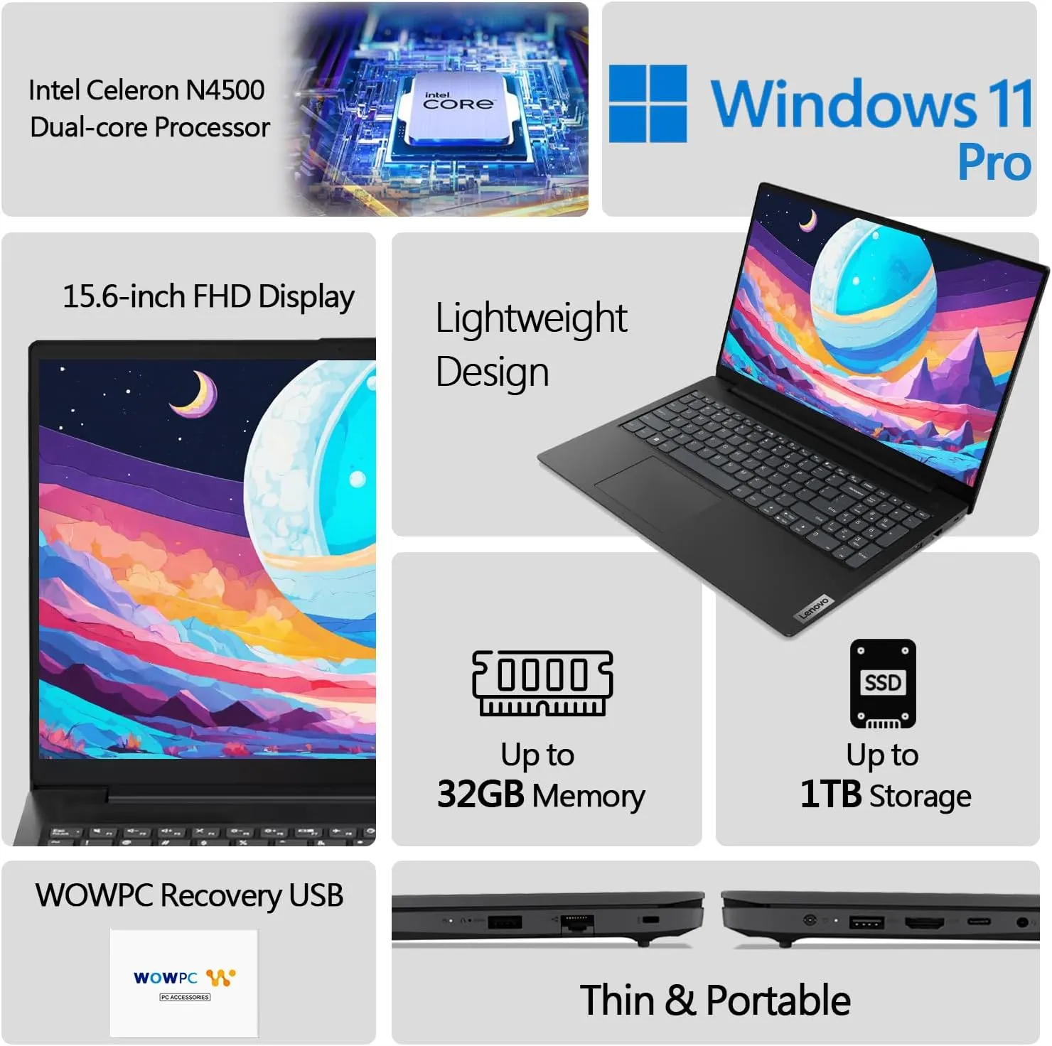 Lenovo V15 Laptop, Intel Celeron N4500 Processor, 15.6" FHD 1920x1080 Anti-Glare LED Display, 16GB RAM, 256GB PCIe SSD, Ethernet Port RJ-45, WiFi 6 & Bluetooth 5.2, Windows 11 Pro, WOWPC Recovery USB