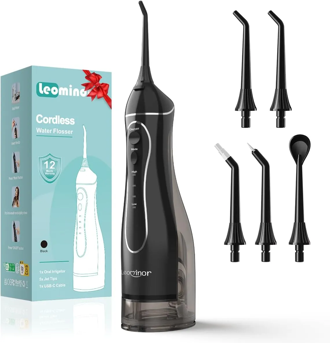 Leominor Water Dental Flosser Pick for Teeth, 300ML Portable Oral Irrigator Upgraded Tank Removable,IPX7 Waterproof, Rechargeable Travel Teeth Cleaner, Professional Electric Flossing Machine (Black)