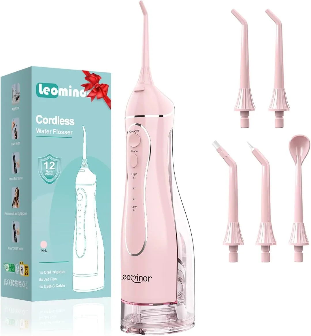 Leominor Water Dental Flosser Pick for Teeth, 300ML Portable Oral Irrigator Upgraded Tank Removable,IPX7 Waterproof, Rechargeable Travel Teeth Cleaner, Professional Electric Flossing (Pink)