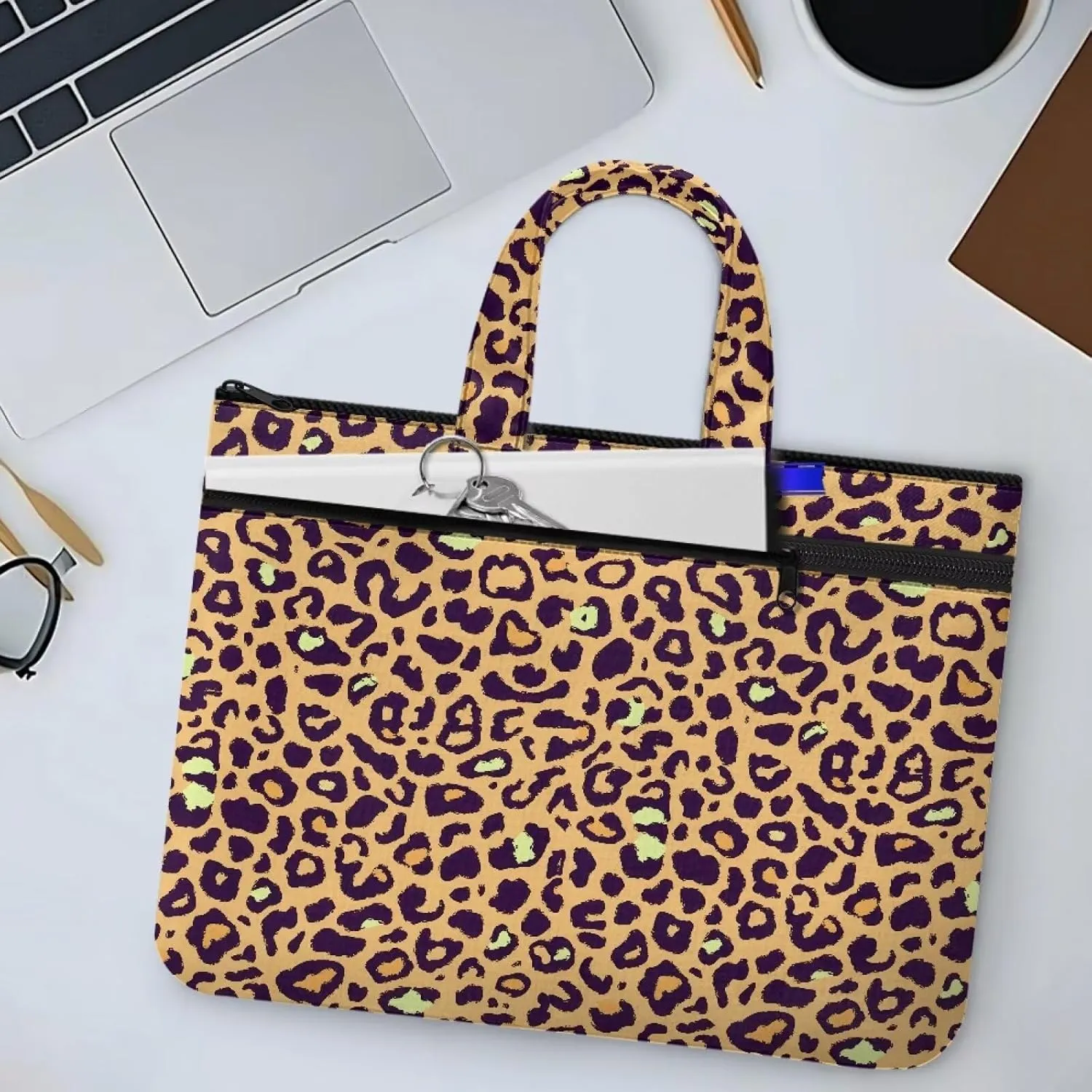 Leopard Canvas Document Pouch Equipped with Smooth Zipper Handles & Multiple Zipper Protect Documents Reinforced Compartments Classify & Manage Documents