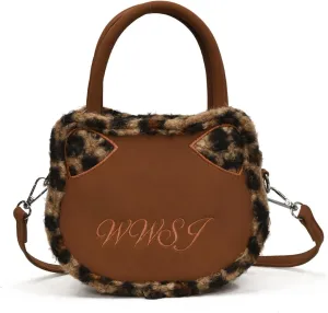 Leopard Purse Cat Ear Kawaii Crossbody Purses Cute Faux Fur Cheetah Vintage Y2K Shoulder Bag for Girls Party