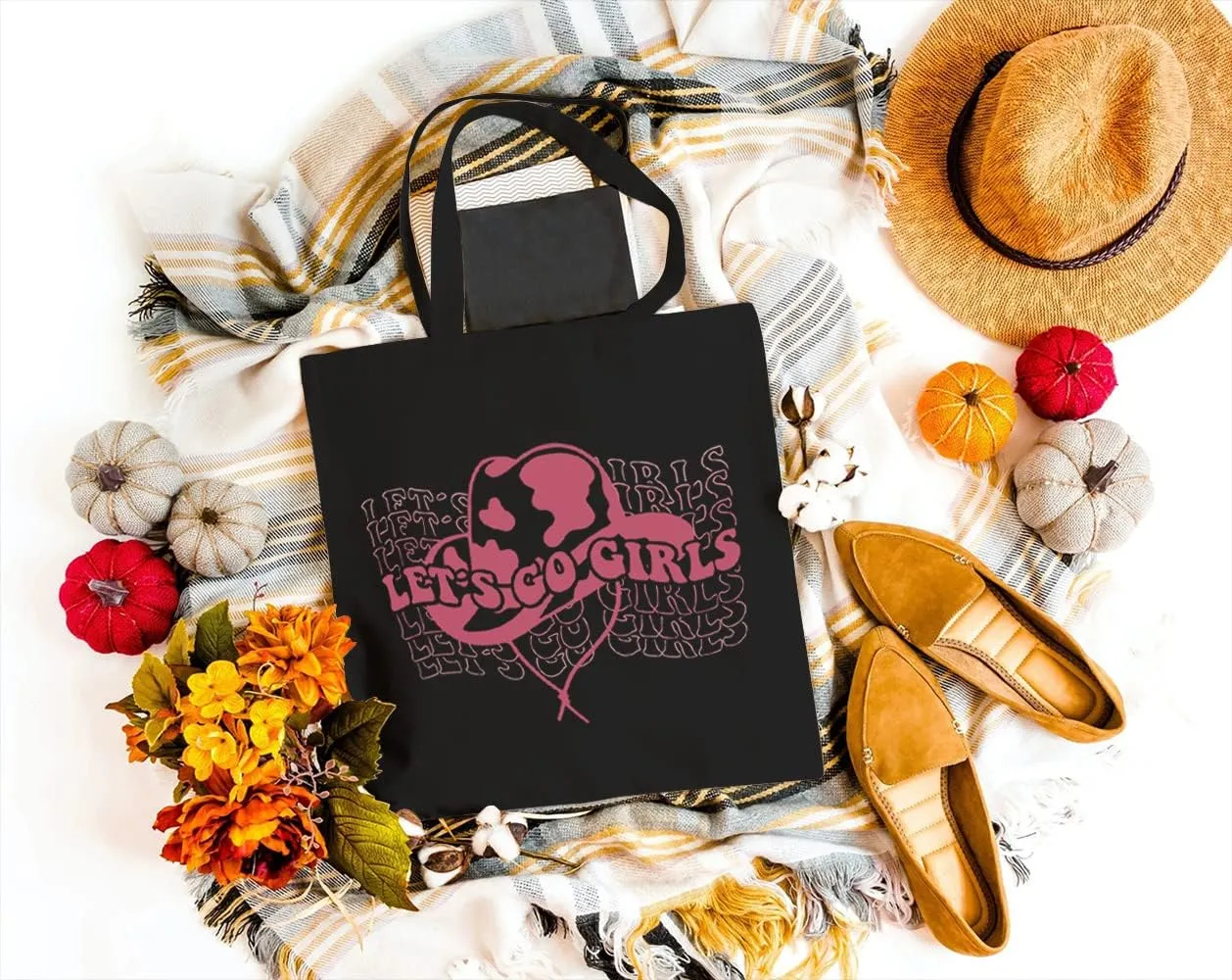 Let's Go Girls Canvas Tote Bag for Women Aesthetic Cowboy Hat Reusable Grocery Shoulder Shopping Bags Funny Gifts