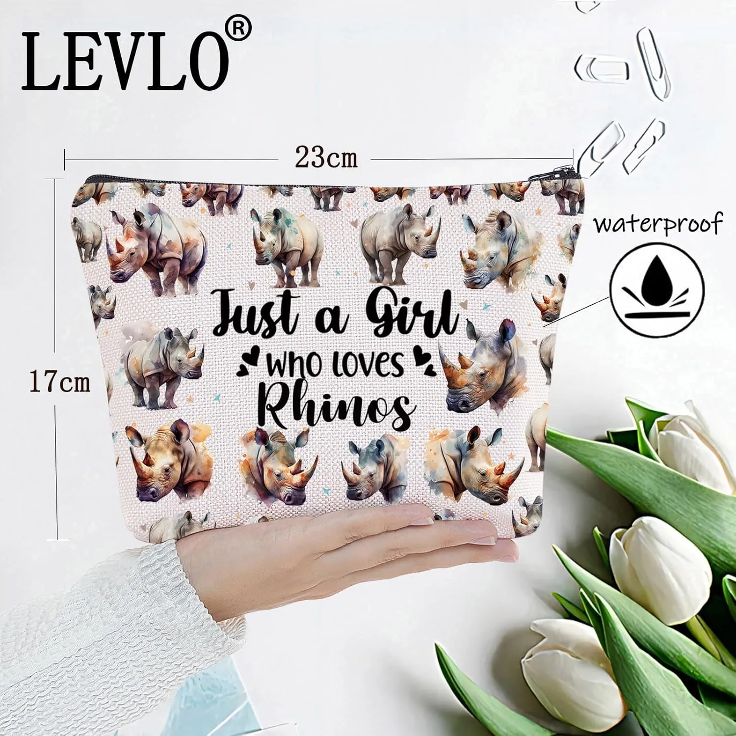 LEVLO Funny Rhino Cosmetic Make up Bag Animal Lover Gift Just A Girl Who Loves Rhinos Makeup Zipper Pouch Bag Rhinos Lover Gift (Rhinos)