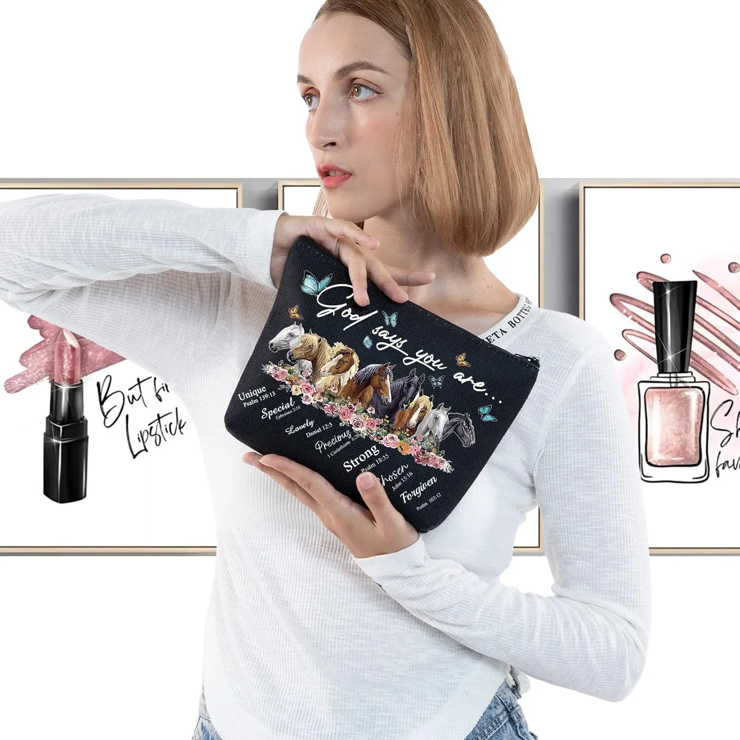 LEVLO Horse Cosmetic Make Up Bag Gift For Horse Lover God Says You Are Unique Special Lovely Chosen Makeup Zipper Pouch Bag (God Says Horse Black)