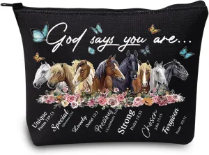 LEVLO Horse Cosmetic Make Up Bag Gift For Horse Lover God Says You Are Unique Special Lovely Chosen Makeup Zipper Pouch Bag (God Says Horse Black)