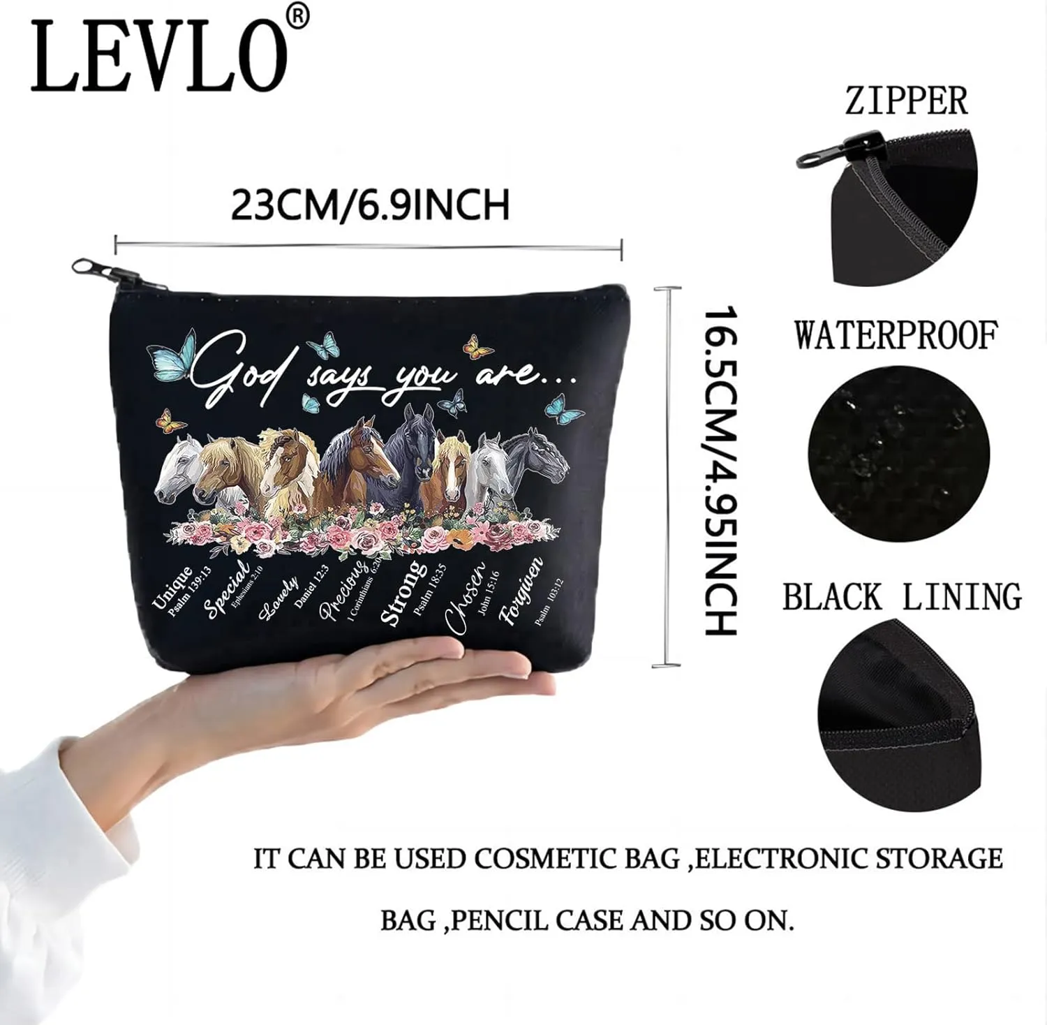 LEVLO Horse Cosmetic Make Up Bag Gift For Horse Lover God Says You Are Unique Special Lovely Chosen Makeup Zipper Pouch Bag (God Says Horse Black)