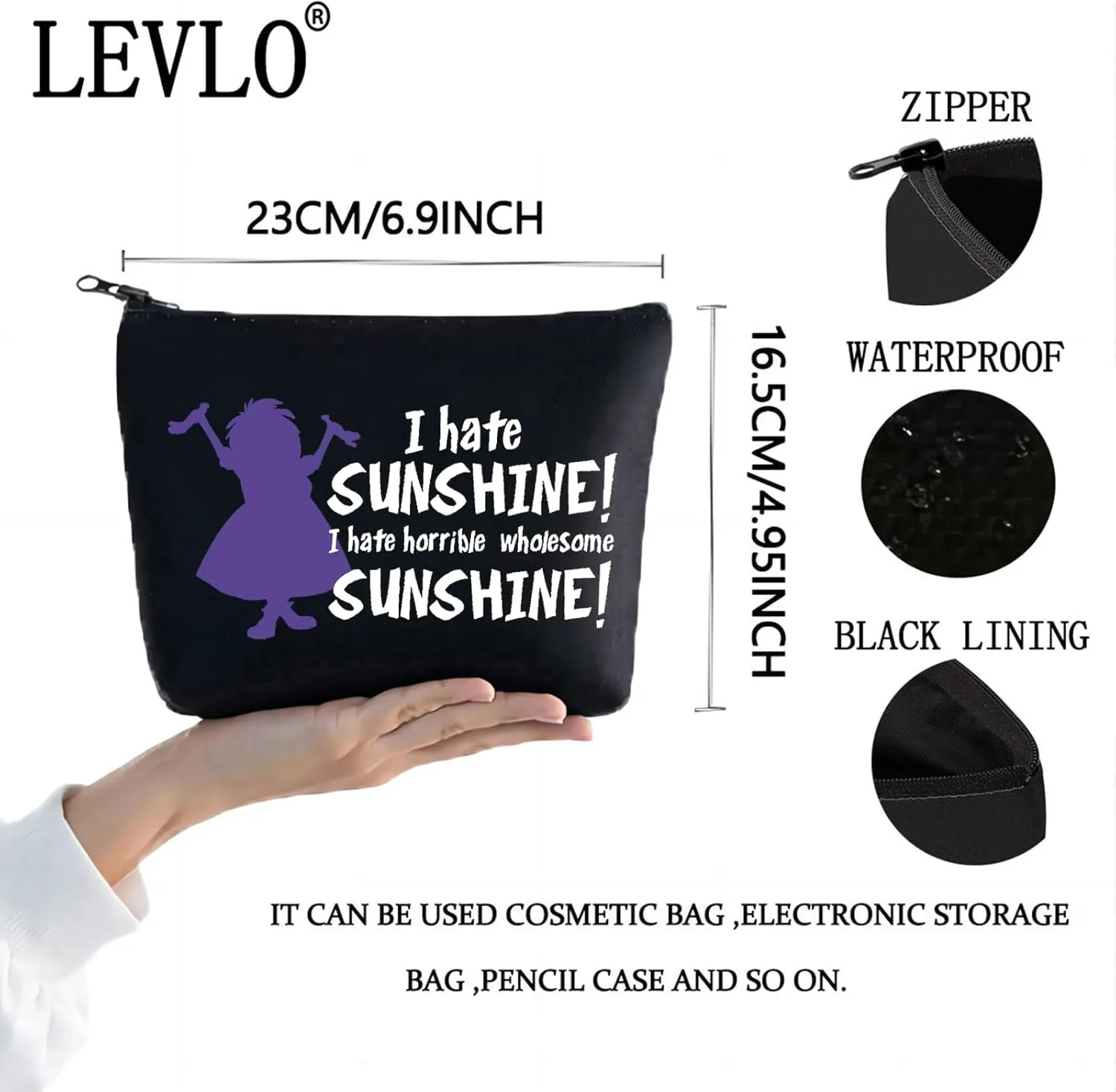 LEVLO Madam Mim Cosmetic Bag Madam Mim Fans Gift I Hate Sunshine I Hate Horrible Whole Some Sunshine Makeup Zipper Pouch Bag (I Hate Sunshine Black)