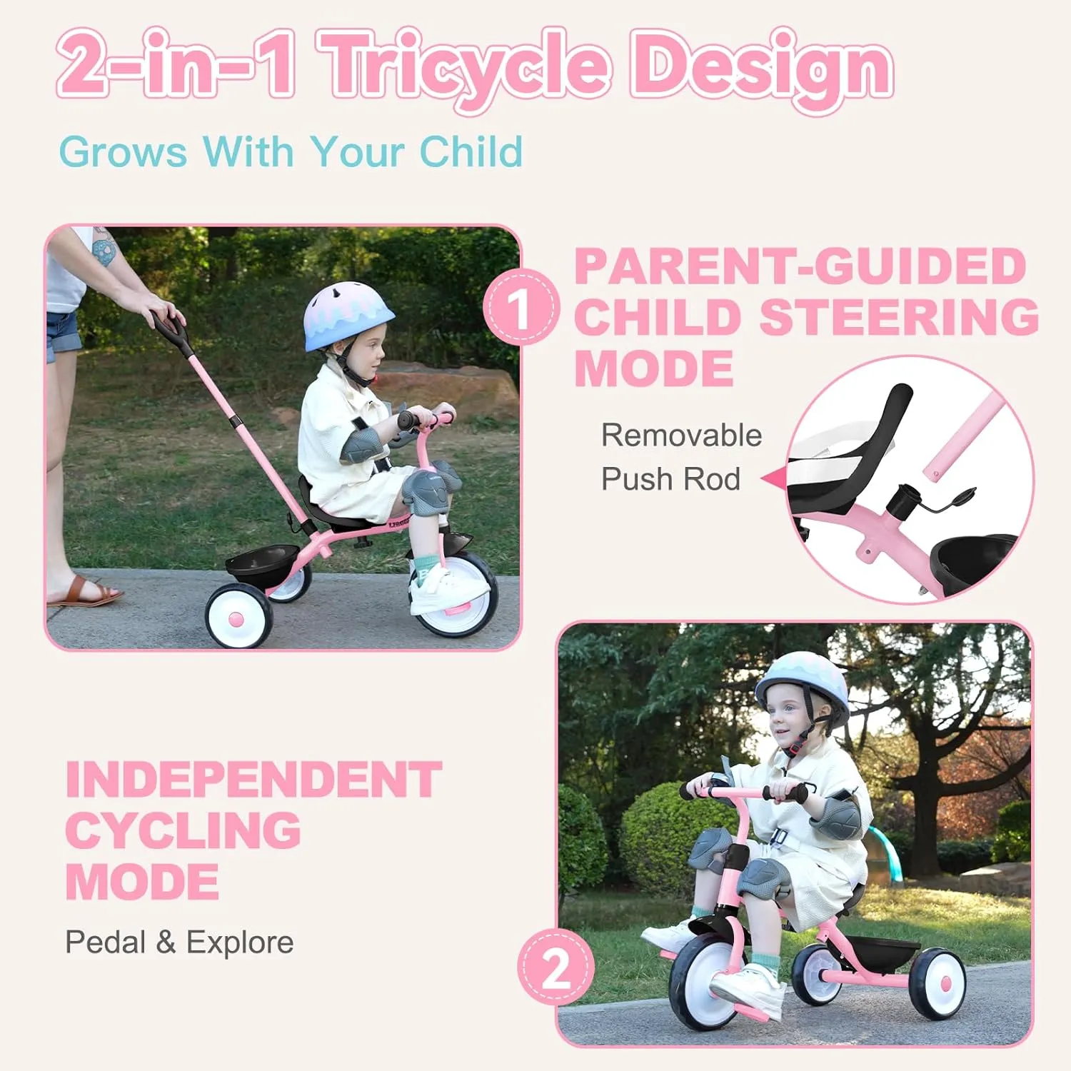 Liberry 2 in 1 Toddler Tricycle Age 2 3 4 Years Old, Kids Trike with Adjustable Push Handle, Bell & Basket, 3 Wheel Bike Riding Toy Birthday for Girls Boys, Light Pink