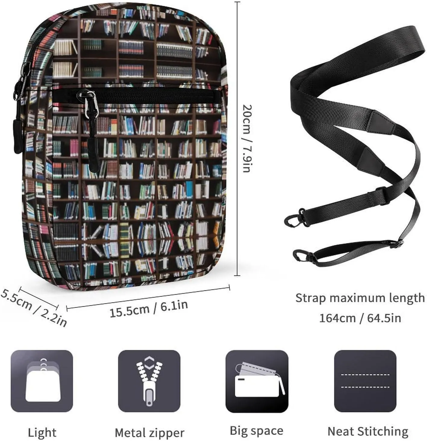 Library Document Shelf Detachable Shoulder Strap Small Shoulder Bag Unisex