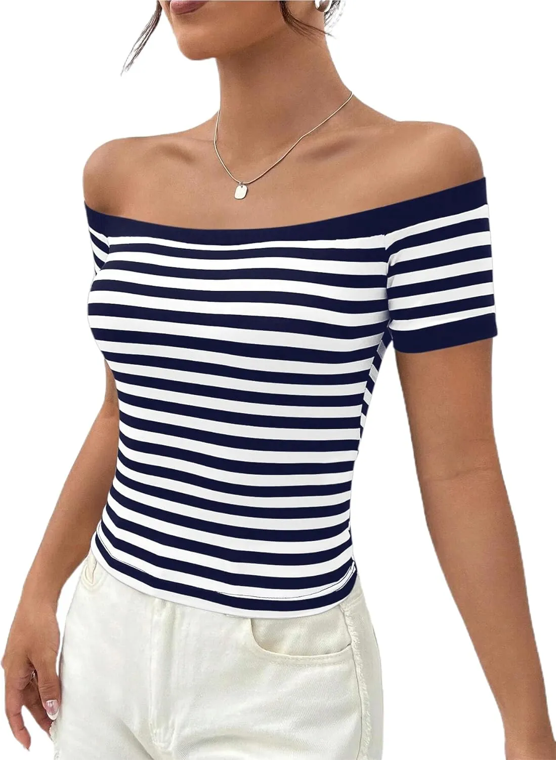LilyCoco Striped Off The Shoulder Tops for Women Short Sleeve Sexy Fitted Pirate Shirt