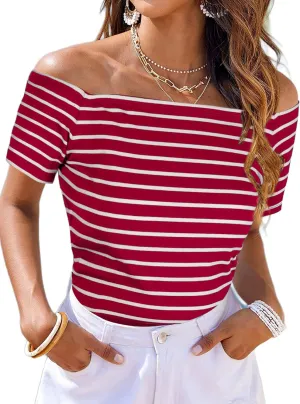LilyCoco Striped Off The Shoulder Tops for Women Short Sleeve Sexy Fitted Pirate Shirt