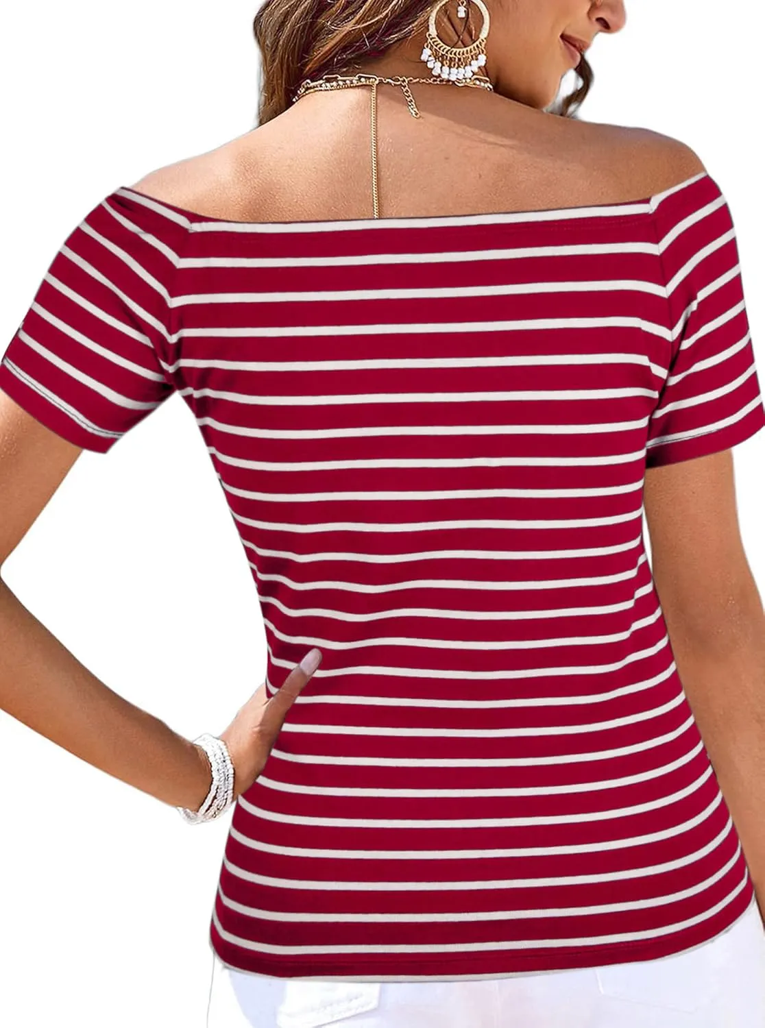 LilyCoco Striped Off The Shoulder Tops for Women Short Sleeve Sexy Fitted Pirate Shirt