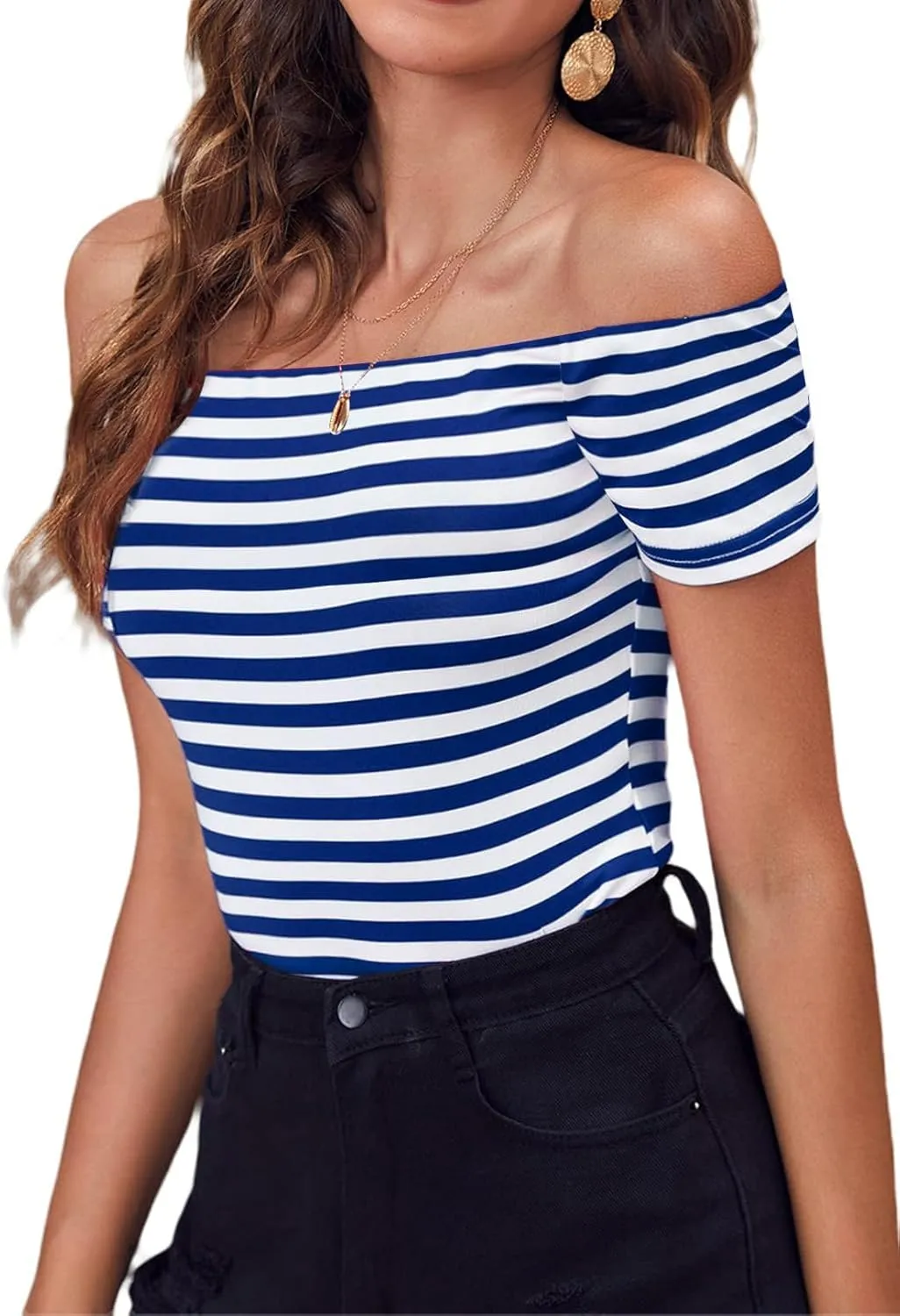 LilyCoco Striped Off The Shoulder Tops for Women Short Sleeve Sexy Fitted Pirate Shirt