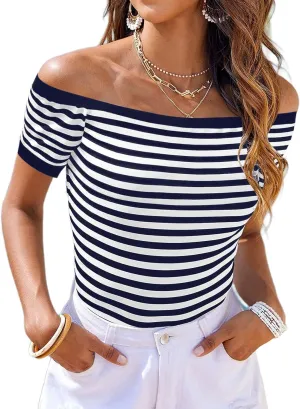 LilyCoco Striped Off The Shoulder Tops for Women Short Sleeve Sexy Fitted Pirate Shirt