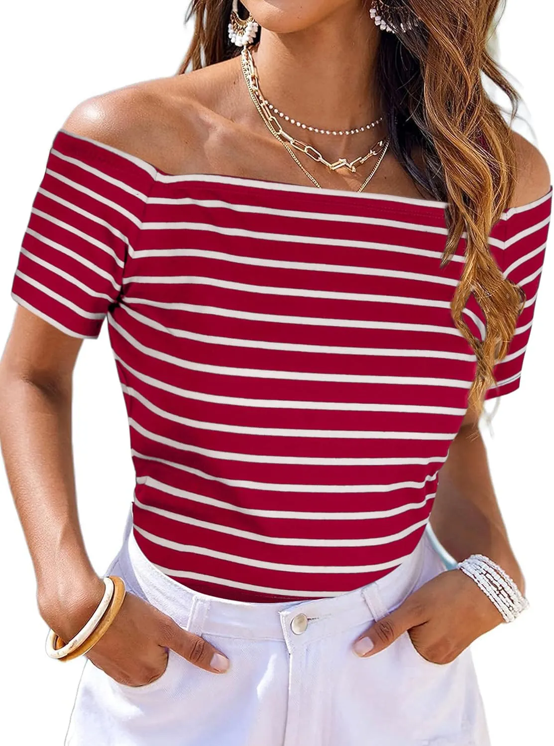 LilyCoco Striped Off The Shoulder Tops for Women Short Sleeve Sexy Fitted Pirate Shirt