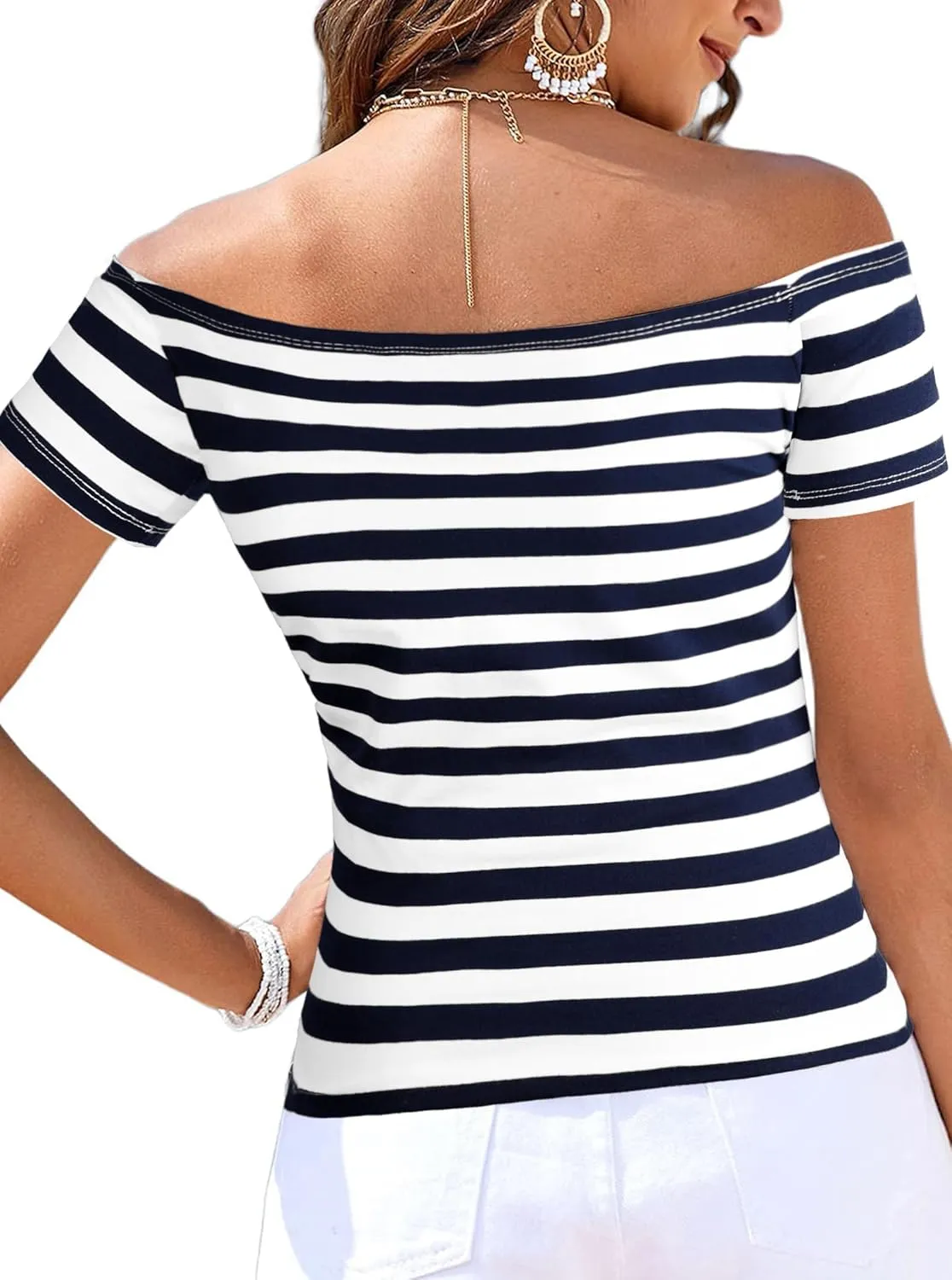 LilyCoco Striped Off The Shoulder Tops for Women Short Sleeve Sexy Fitted Pirate Shirt