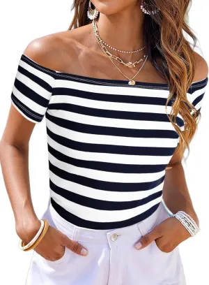 LilyCoco Striped Off The Shoulder Tops for Women Short Sleeve Sexy Fitted Pirate Shirt