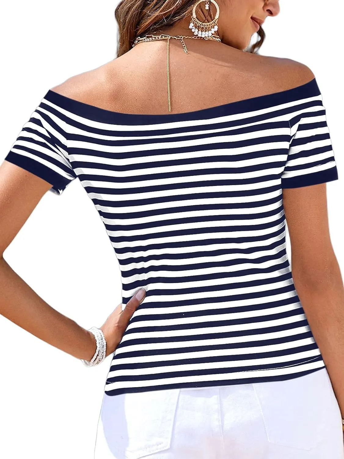 LilyCoco Striped Off The Shoulder Tops for Women Short Sleeve Sexy Fitted Pirate Shirt
