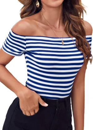 LilyCoco Striped Off The Shoulder Tops for Women Short Sleeve Sexy Fitted Pirate Shirt