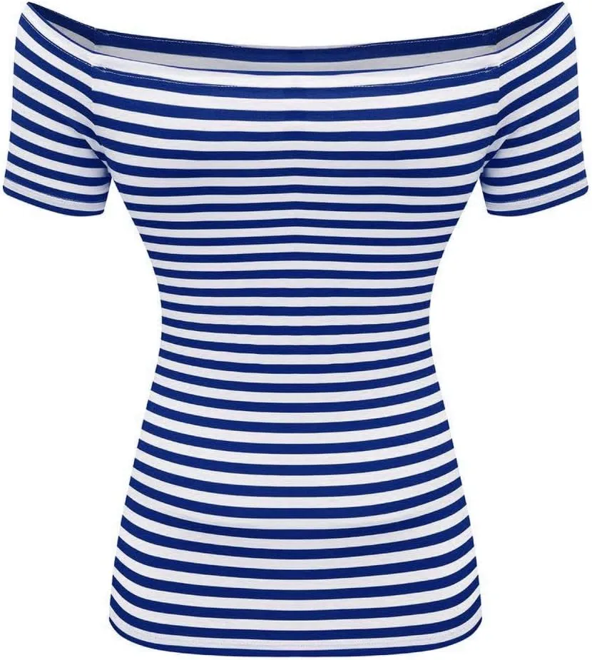 LilyCoco Striped Off The Shoulder Tops for Women Short Sleeve Sexy Fitted Pirate Shirt