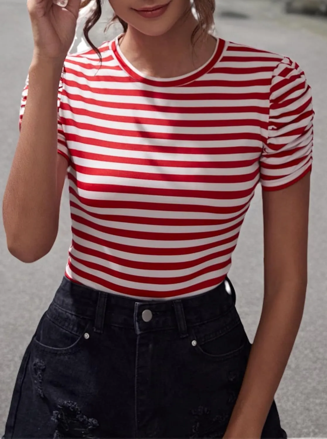 LilyCoco Womens Striped Puff Sleeve T Shirt Breton Crewneck Shirt Loose Fit Tee