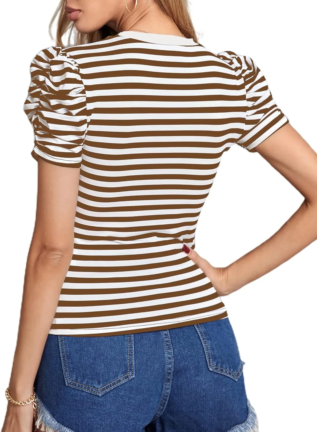 LilyCoco Womens Striped Puff Sleeve T Shirt Breton Crewneck Shirt Loose Fit Tee