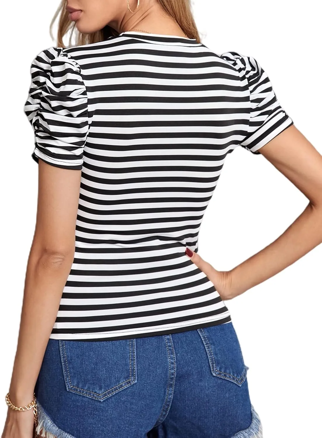 LilyCoco Womens Striped Puff Sleeve T Shirt Breton Crewneck Shirt Loose Fit Tee