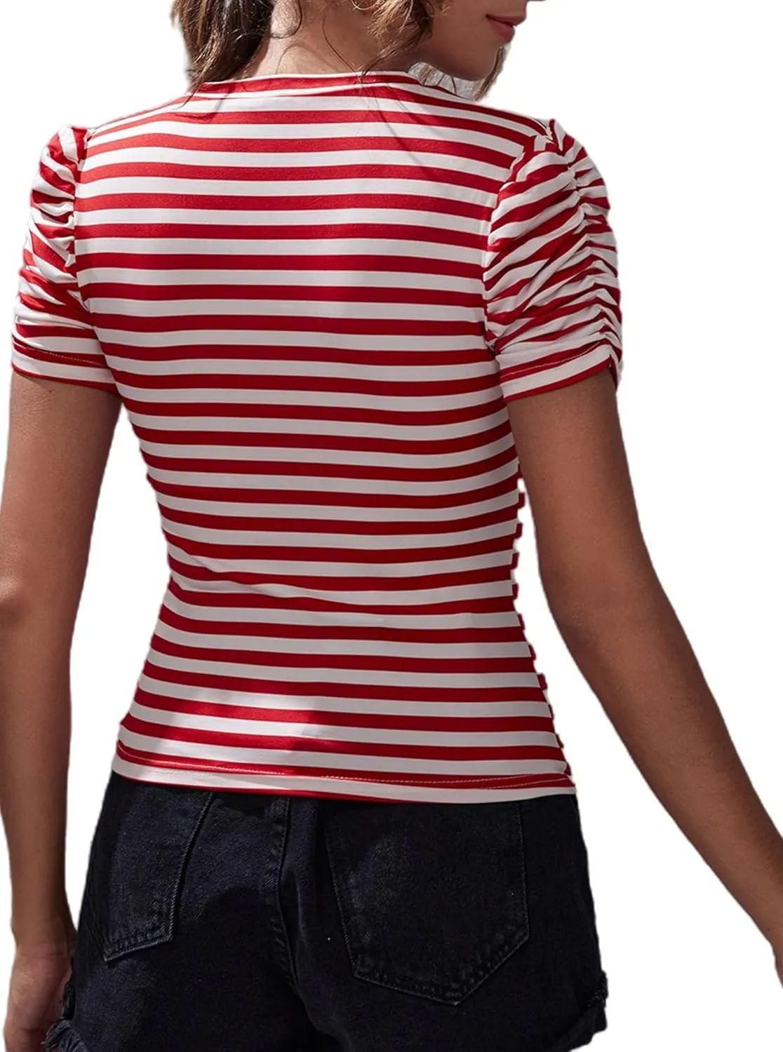 LilyCoco Womens Striped Puff Sleeve T Shirt Breton Crewneck Shirt Loose Fit Tee