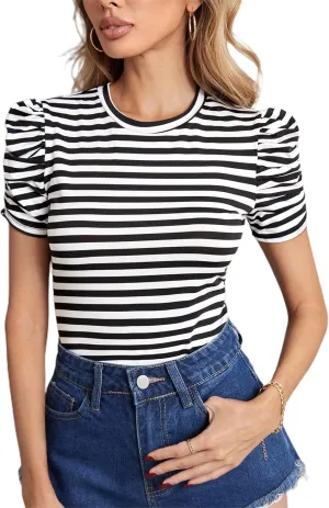 LilyCoco Womens Striped Puff Sleeve T Shirt Breton Crewneck Shirt Loose Fit Tee