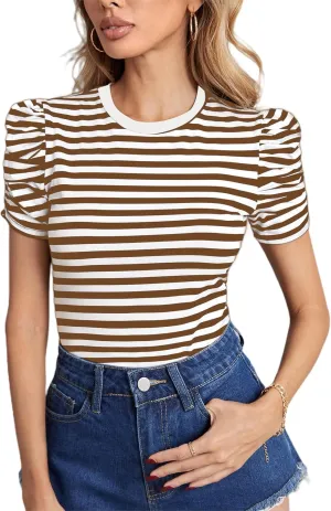 LilyCoco Womens Striped Puff Sleeve T Shirt Breton Crewneck Shirt Loose Fit Tee