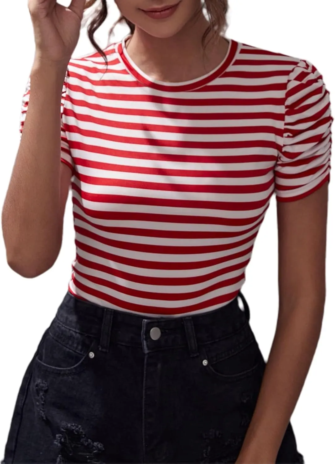 LilyCoco Womens Striped Puff Sleeve T Shirt Breton Crewneck Shirt Loose Fit Tee