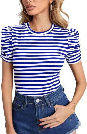 LilyCoco Womens Striped Puff Sleeve T Shirt Breton Crewneck Shirt Loose Fit Tee