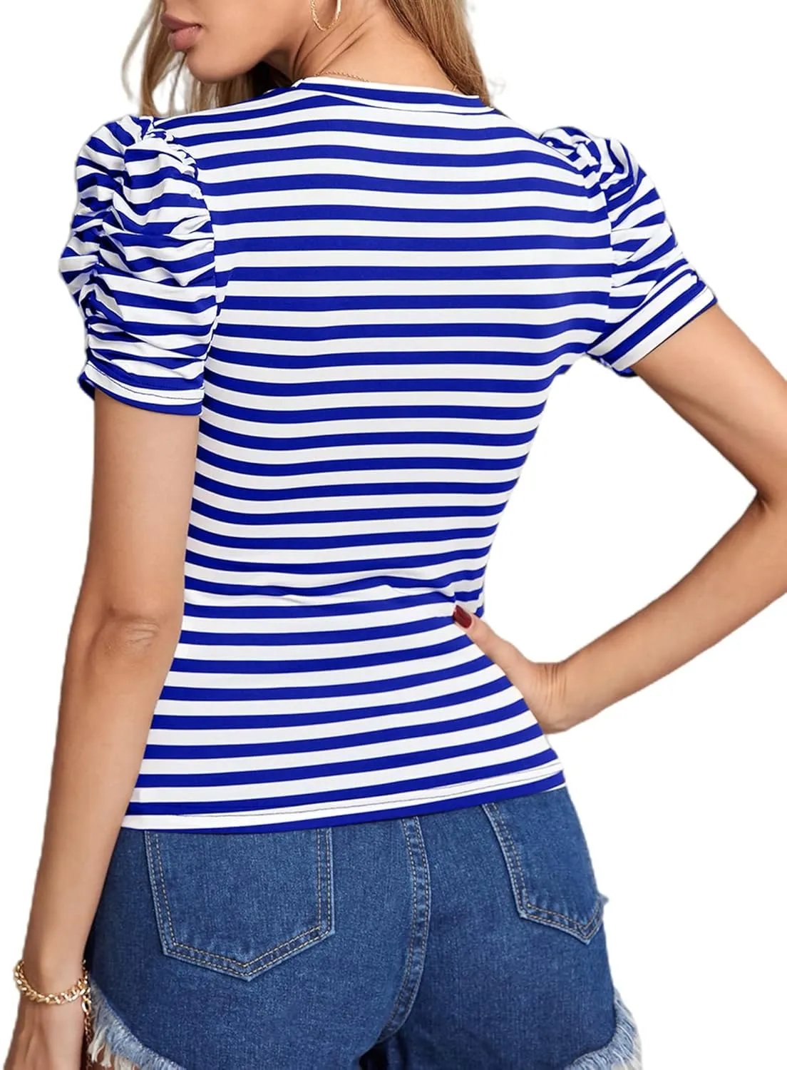 LilyCoco Womens Striped Puff Sleeve T Shirt Breton Crewneck Shirt Loose Fit Tee